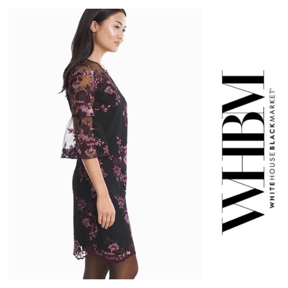 WHBM Bell-Sleeve Black Sheer Purple Embroidered Dress
